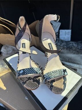 Nine West Taupe and Black Snake-Print Ankle-Strap Heels